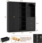 Cyclysio 80" Tall Pantry System with 4 Doors, Arched Corner Pantries with 3 Drawers, Wooden Floor Cupboard with 6-Tier Open Shelves for Living Room
