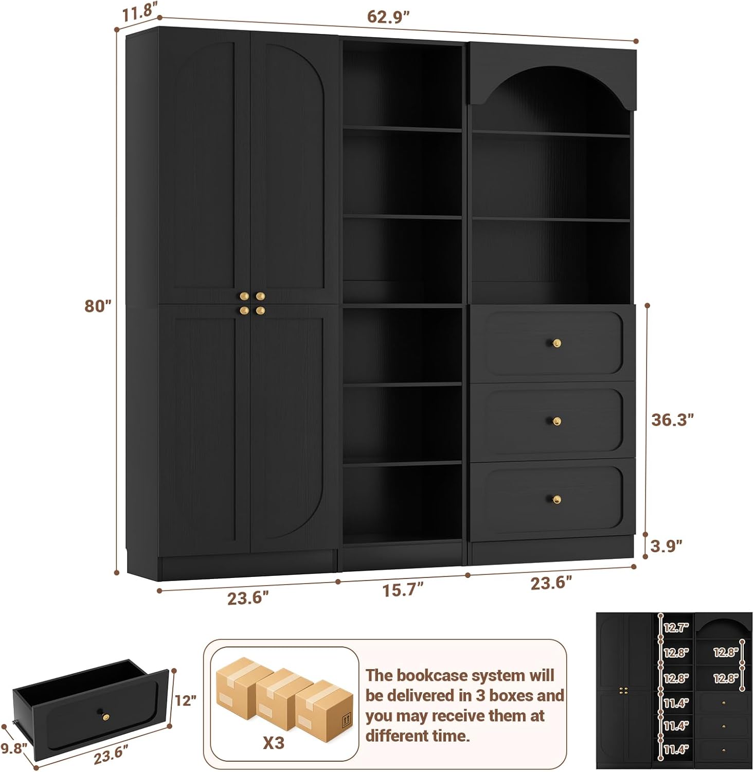 Cyclysio 80" Tall Pantry System with 4 Doors, Arched Corner Pantries with 3 Drawers, Wooden Floor Cupboard with 6-Tier Open Shelves for Living Room