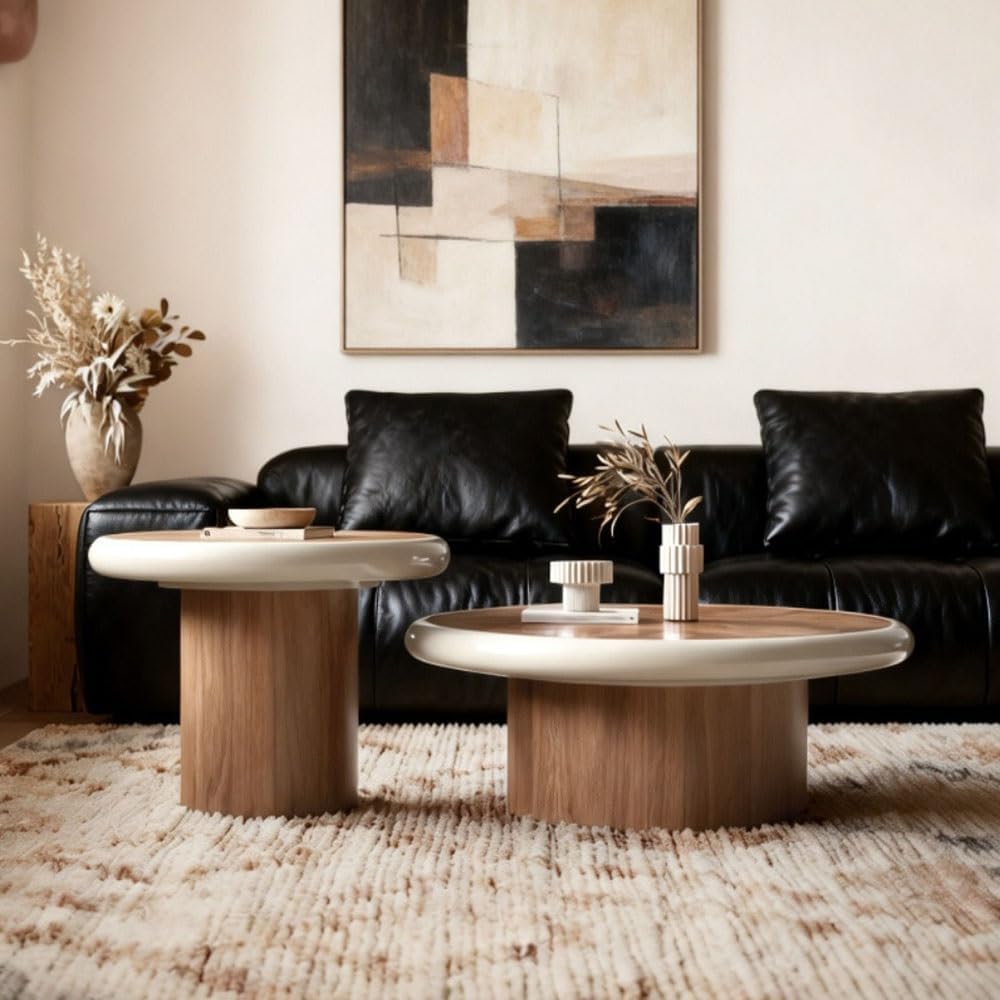 End Tables 2-Piece Round Coffee Table Set Wood Modern Living Room Tables Coordinated Pair