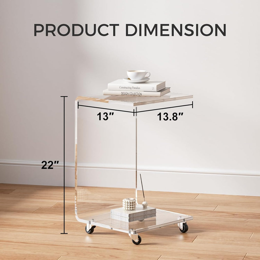 Acrylic C Table with Wheels, 2-Tier Mobile Side Table for Small Spaces, Sofa/Couch End Table, Clear Drink Table, Modern Laptop Stand for Living Room Bedroom, 13.8" L x 13" W x 22" H