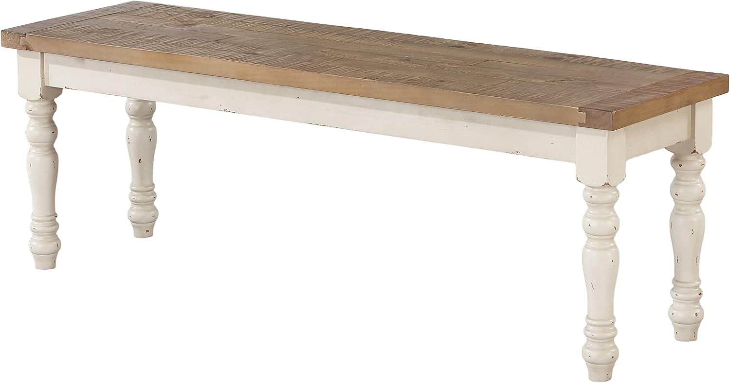 Roundhill Furniture Prato Two-Tone Distressed Oak Wood Dining Bench, Antique White