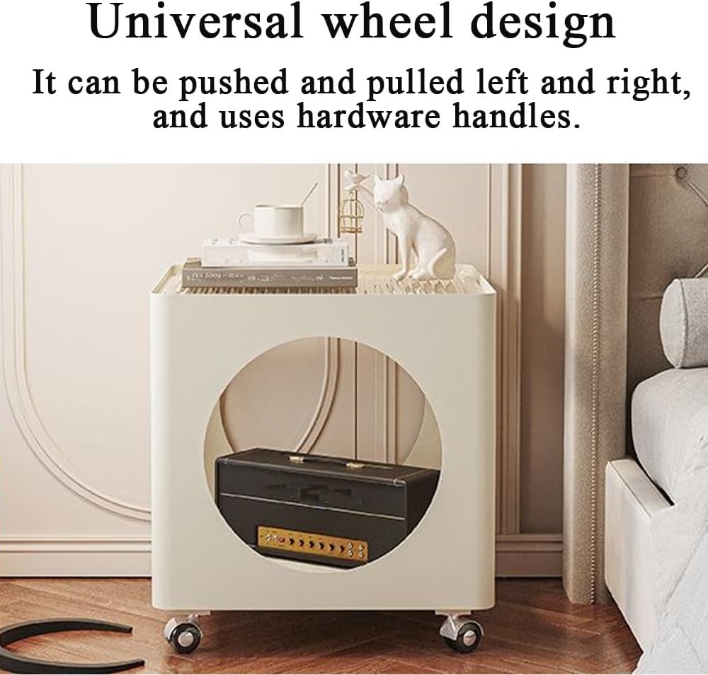 Rolling Side Table with Storage, Metal Frame Square Coffee Table, Mobile Nightstand with Glass Top, Minimalist End Table for Bedroom, Living Room(White)