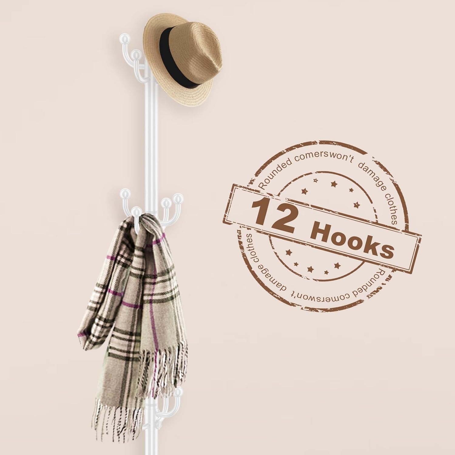 Coat Rack Freestanding, Coat Rack Stand with Umbrella Holder, Coat Tree, Coat Hanger Stand with 12 Hooks for Clothes Bag Hats, Used in Bedroom, Office, Living Room and Entryway-White