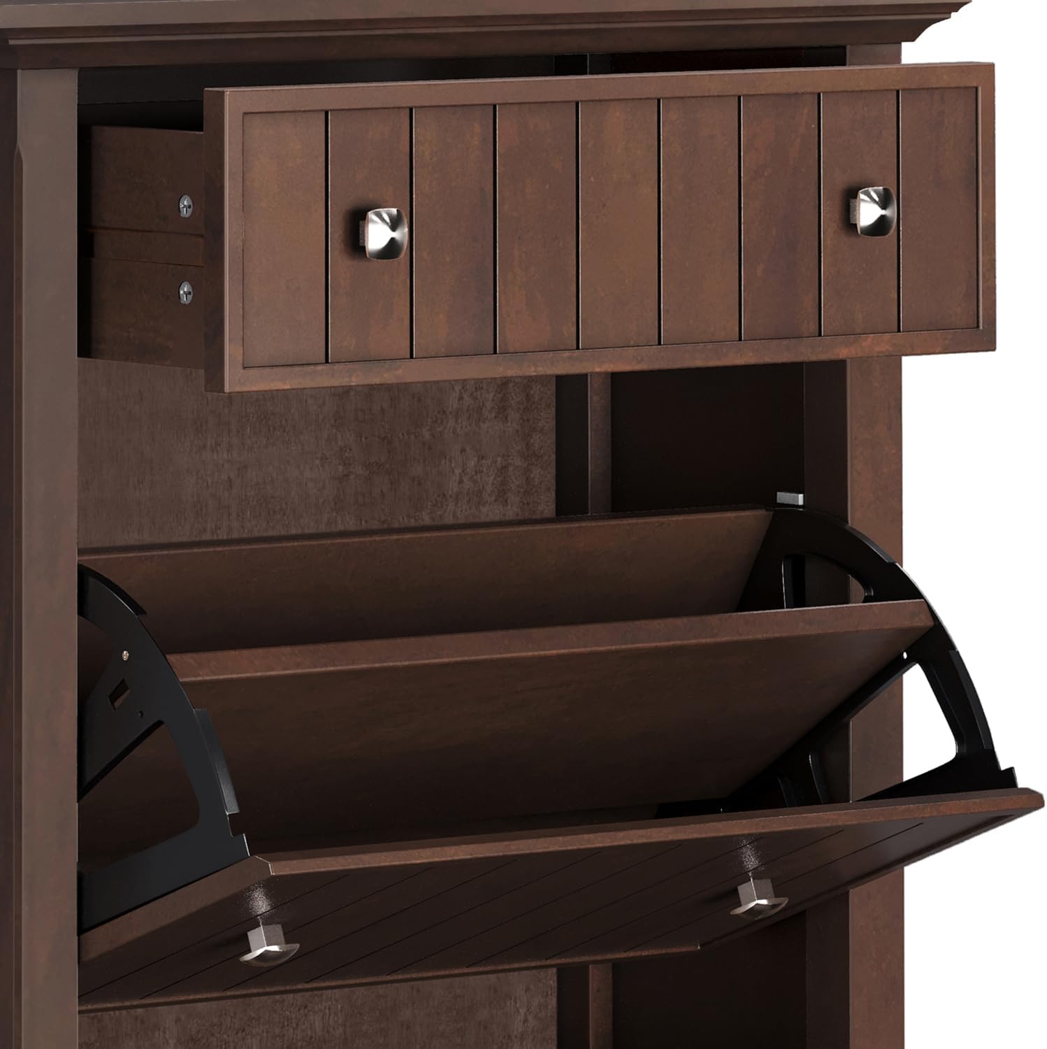 SIMPLIHOME Acadian Solid Wood 36 inch Wide Small Storage Bench and 31.5 inch Wide Shoe Storage Cabinet in Brunette Brown for the Living Room, Entryway, and Family Room, Transitional Style