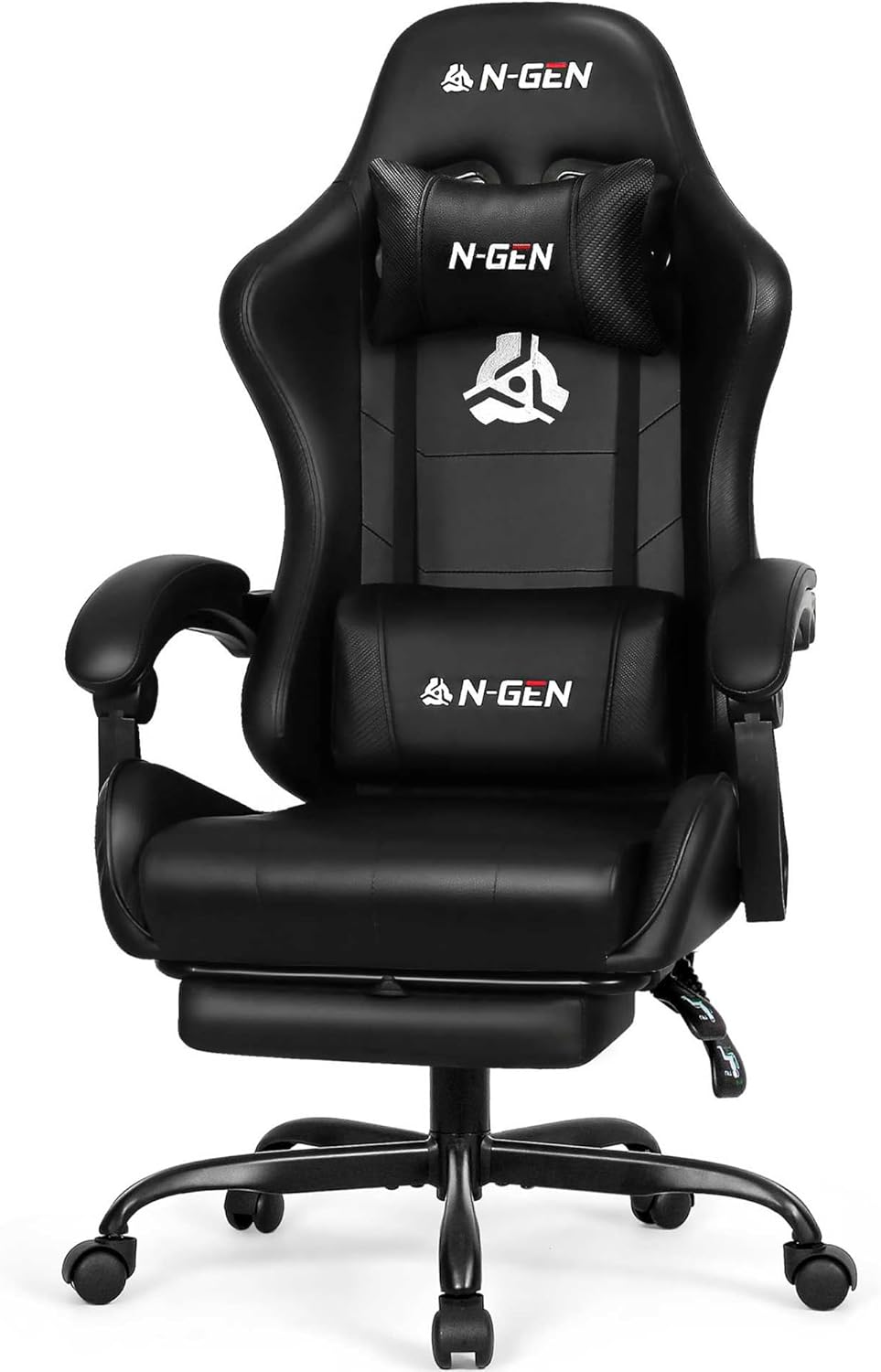 N-GEN GAMING Video Gaming Chair with Footrest Lumbar Support for Home Office High Back Recliner Height Adjustable Ergonomic Comfy Leather Computer Desk Chair (Carbon Black)