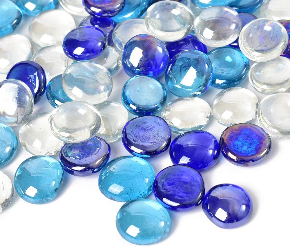 Flat Glass Marbles 1lb, 100PCS Mixed Color Blue Glass Beads for Vases Flat Gems Aquarium Pebbles Decorative Vase Filler Table Scatter Decor