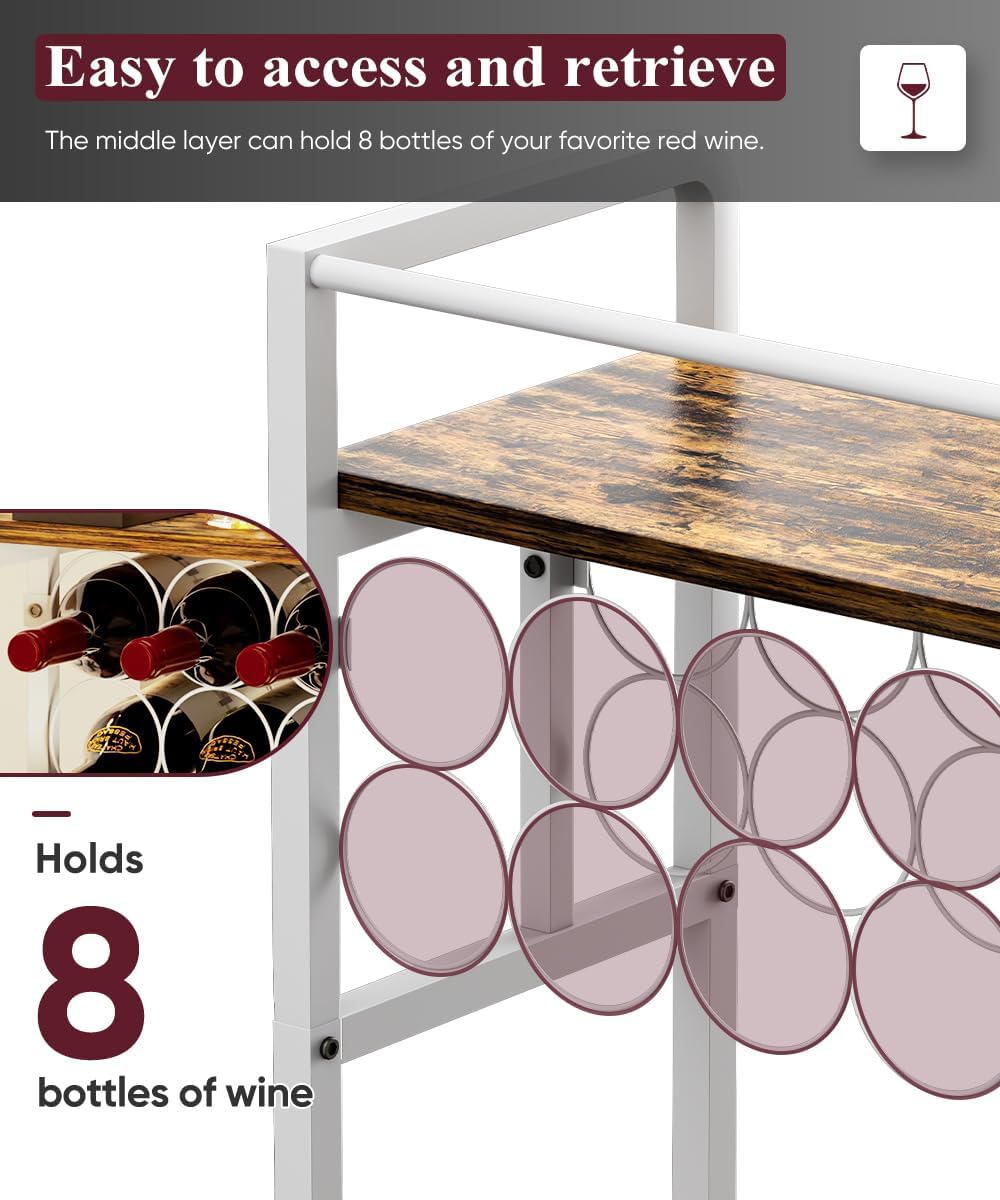 3-Tier Wine Rack Freestanding Floor with Wood Top, Liquor Stand with Wine Bottle Holder, Corner Wine Bar Table for Small Space, Metal Whiskey Shlef for Kitchen, Cellar, Living Room, White