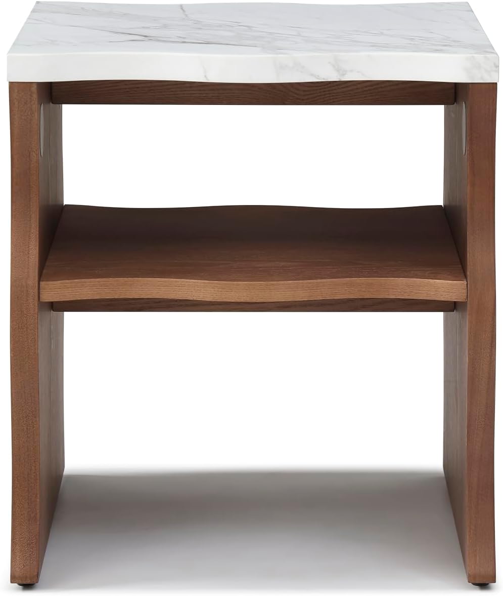 17.72" Whisper of Waves Modern End Table with Storage Shelf, Faux Marble Top & Natural Wood-Veneered Base, Nightstand Side Table for Bedroom, Living Room Accent Table, Walnut Brown