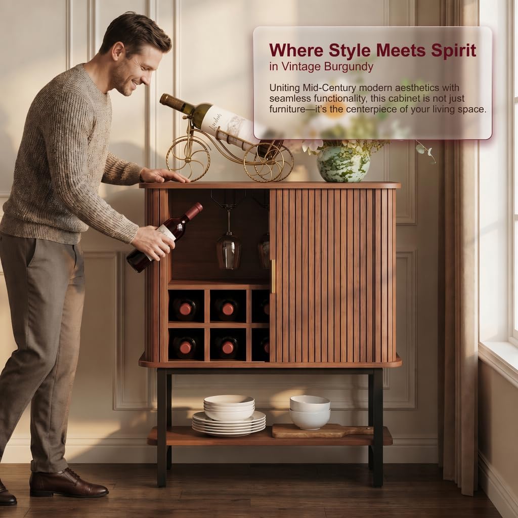 Wine Cabinet with Storage, Liquor Cabinet with Sliding Doors & Open Wine Rack, Fluted Wine Bar Cabinet with Glass Holder, Coffee bar Cabinet for Dining Room, Living Room & Entryway (Brown)