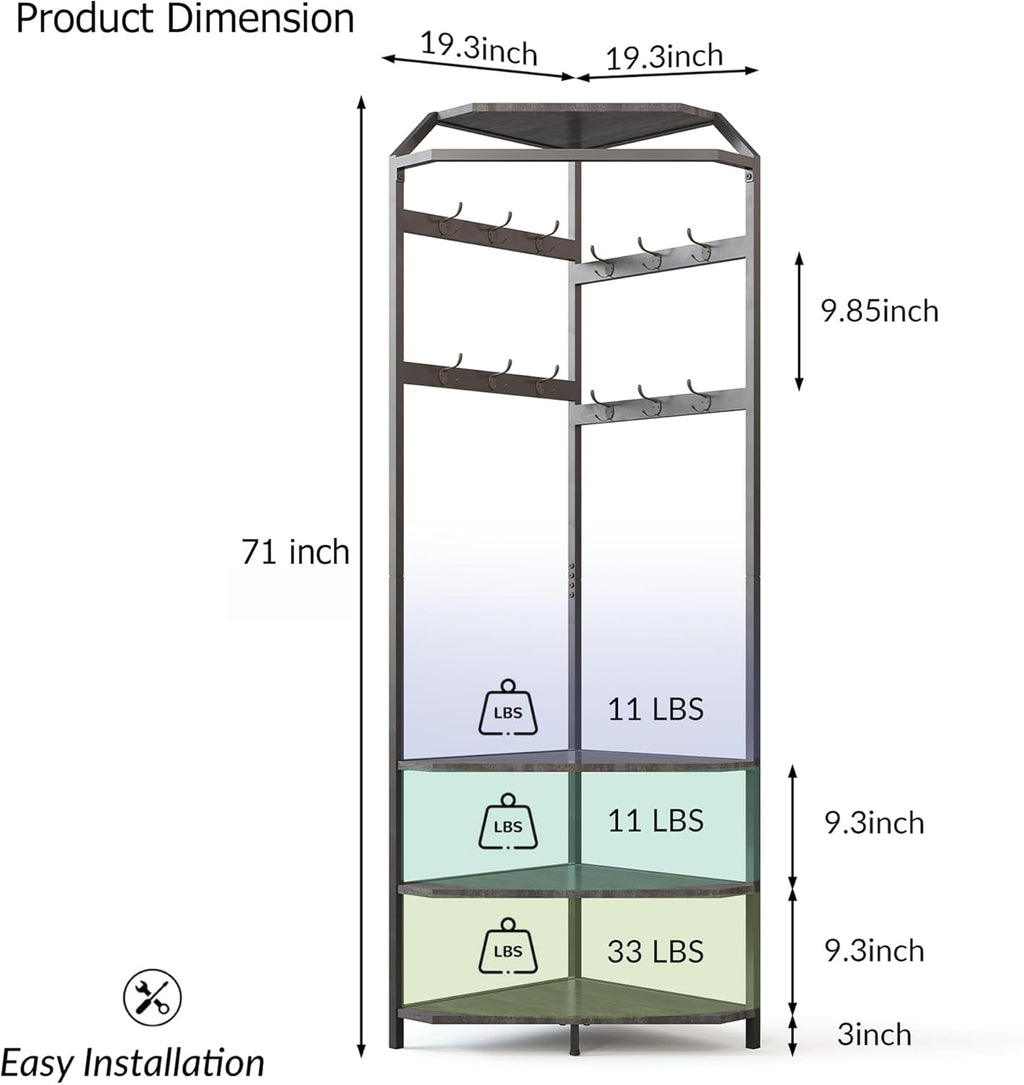 Takywep Corner Hall Tree Coat Rack with Shoe Bench, Entryway Coat Rack 12 Double Hooks & Top Storage Shelf, Freestanding Clothes Rack Shoes Shelf Organizer for Home Office Bedroom Closet, Grey