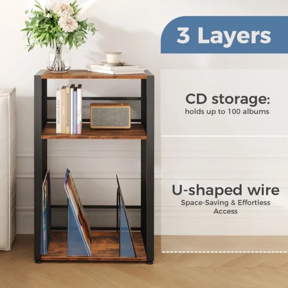 3 Tier Wooden End Table with Vinyl Storage Up to 100 Albums, Record Player Stand, Mid-Century Turntable Stand Side Table with Records Shelf for Living Room, Bedroom, Office