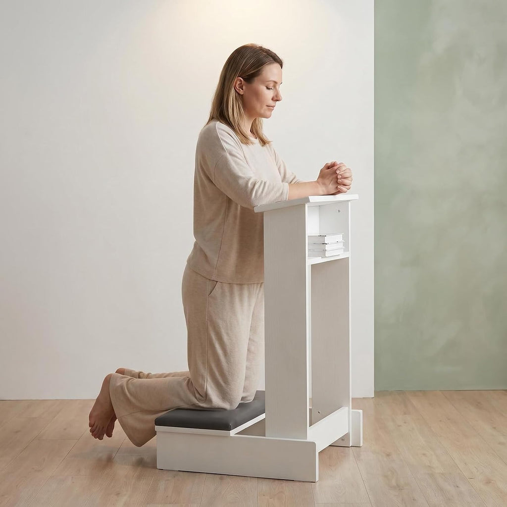 Thick Padded Prayer Stool, Solid Wood Kneeling Bench with Storage Shelf, Durable & Stable Kneeler for Home Worship, Meditation, and Religious Devotion