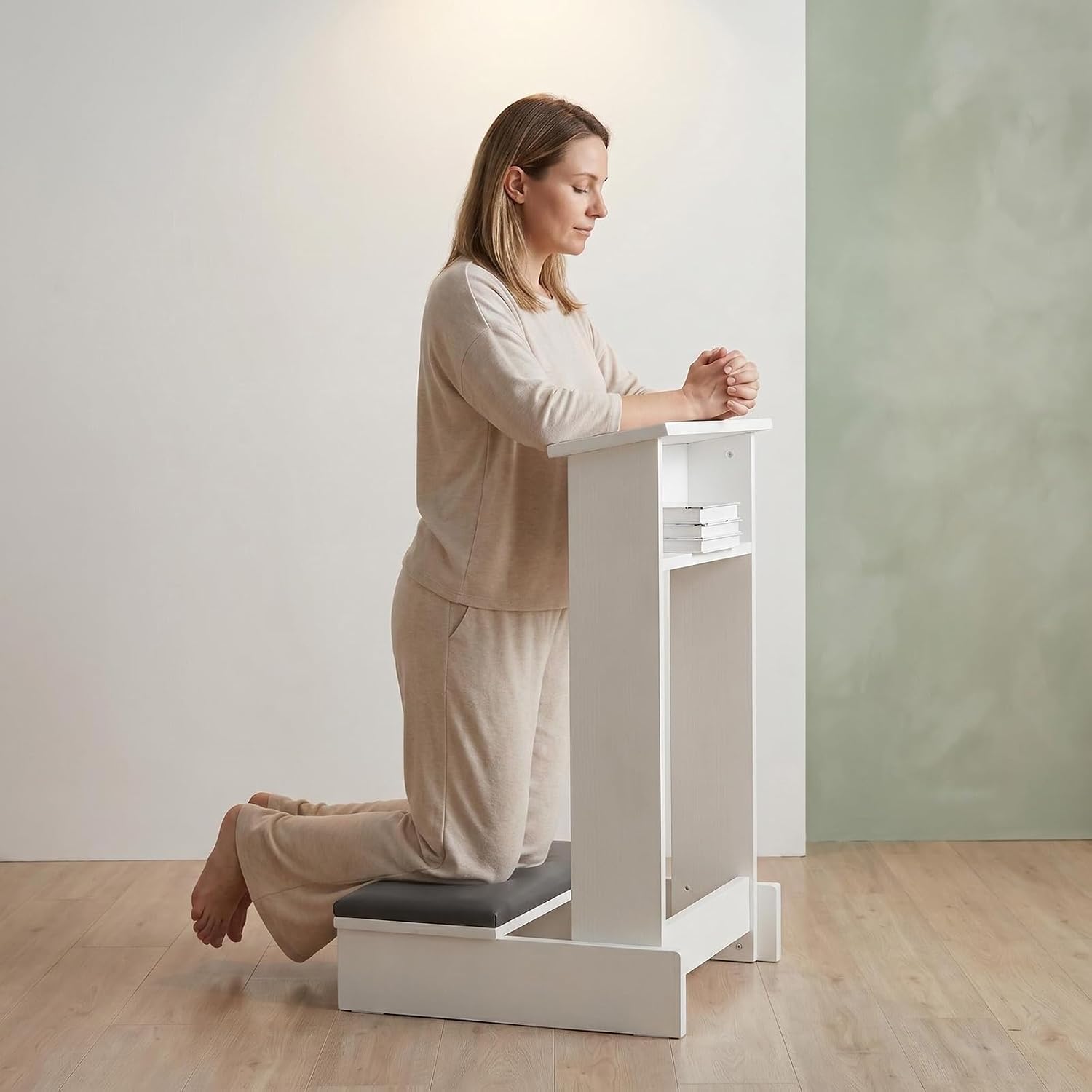 Thick Padded Prayer Stool, Solid Wood Kneeling Bench with Storage Shelf, Durable & Stable Kneeler for Home Worship, Meditation, and Religious Devotion