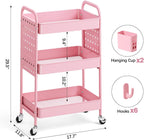 KINGRACK 3 Tier Rolling Cart with DIY Pegboard, Metal Utility Cart with Wheels, Hooks & Baskets, Sturdy Storage Organizer for Craft, Bathroom, Kitchen, Office, Nursery, Classroom(Pink)