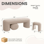 53" Upholstered End of Bed Bench with 2 Nesting Ottoman Stools, Modern Chenille Bedroom Bench for King/Queen Bed, Arched Vanity Entryway Bench Seat for Living Room, Oatmeal