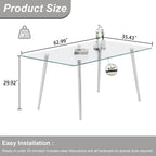 63" Glass Dining Table for 4, Rectangular Modern Kitchen Tables with Glass Tabletop and Metal Trestle Legs for Restaurants and Dining Room, Silver