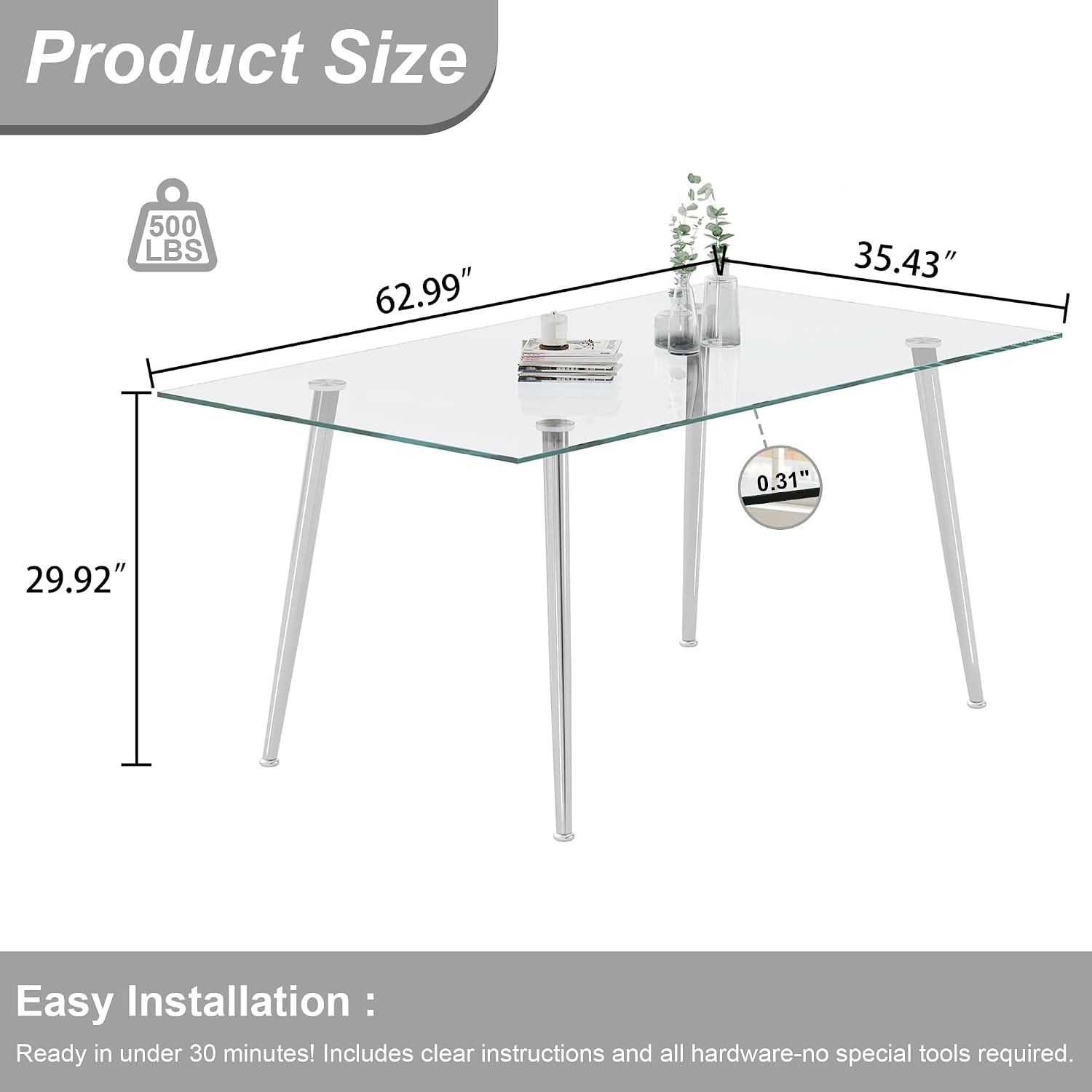 63" Glass Dining Table for 4, Rectangular Modern Kitchen Tables with Glass Tabletop and Metal Trestle Legs for Restaurants and Dining Room, Silver