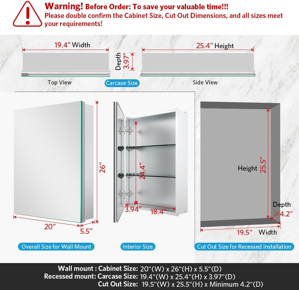 Quavikey 20"x26" Medicine Cabinet with Mirror, Recessed or Surface, Silver | Premium bathroom mirror cabinet featuring rustproof aluminum frame, adjustable shelves, soft-close hinges, and ample storage.