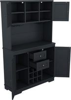 Coffee Bar Cabinet with Storage, 9-Grid Wine Rack & Drawers, Farmhouse Kitchen Buffet with Glass Hooks for Dining Room, Living Room, Kitchen (Blue, 73")