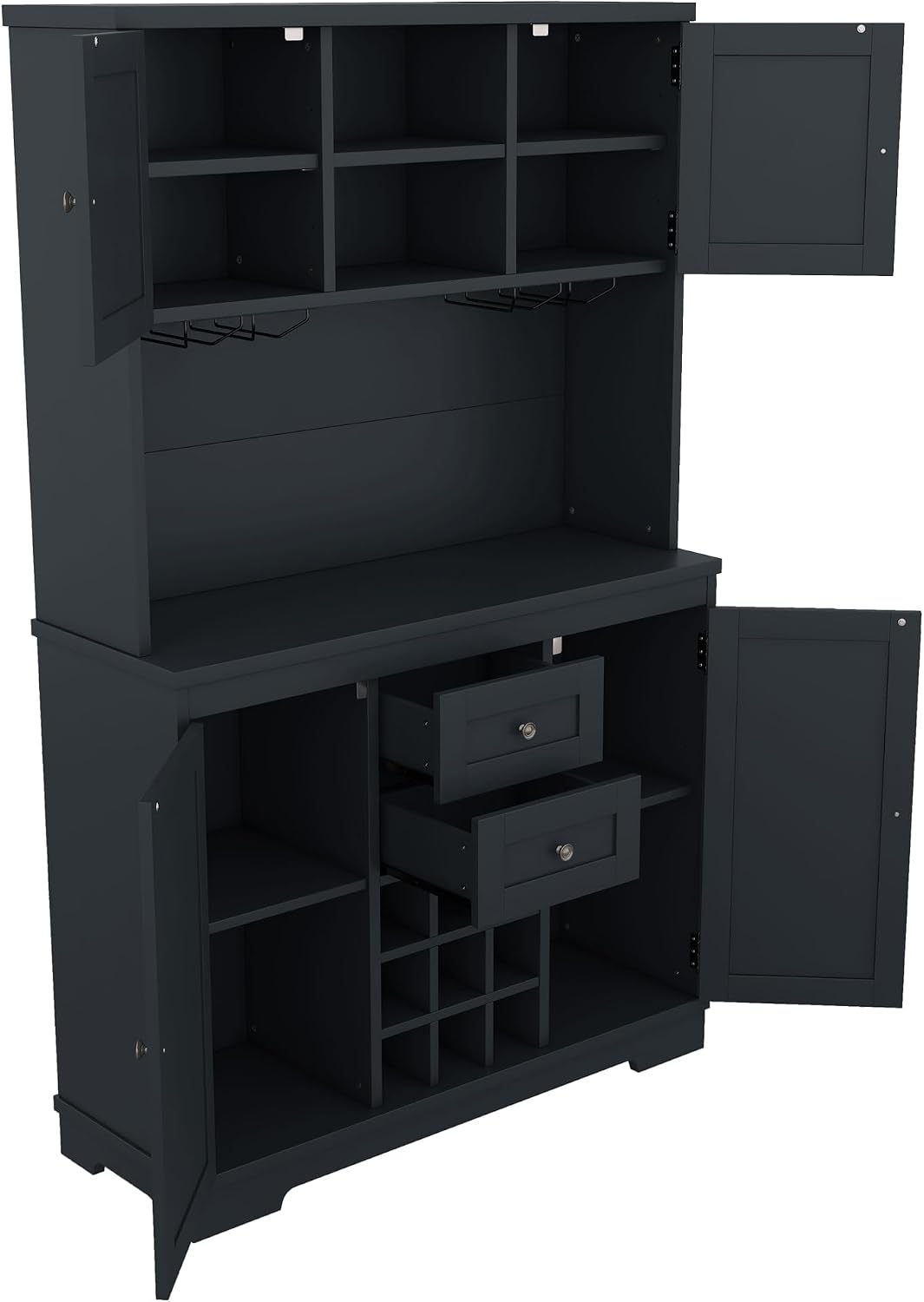 Coffee Bar Cabinet with Storage, 9-Grid Wine Rack & Drawers, Farmhouse Kitchen Buffet with Glass Hooks for Dining Room, Living Room, Kitchen (Blue, 73")