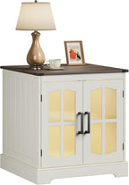 ChooChoo Farmhouse End Table with Charging Station, 24" Large Sofa Side Table with LED, Square Nightstand with Glass Barn Door, Bedside Table with Storage for Living Room, Beige（Cream and Brown