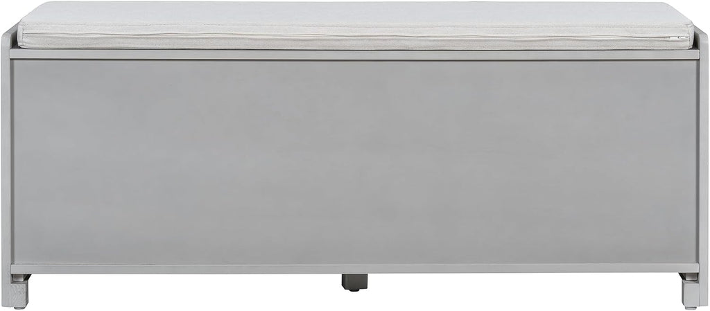 Storage Bench with Cushion, Rattan Door Shoe Cabinet, Gray | 4 Rattan Doors, Upholstered Seat, Entryway Organizer, Built-in Shelves, Boho Style