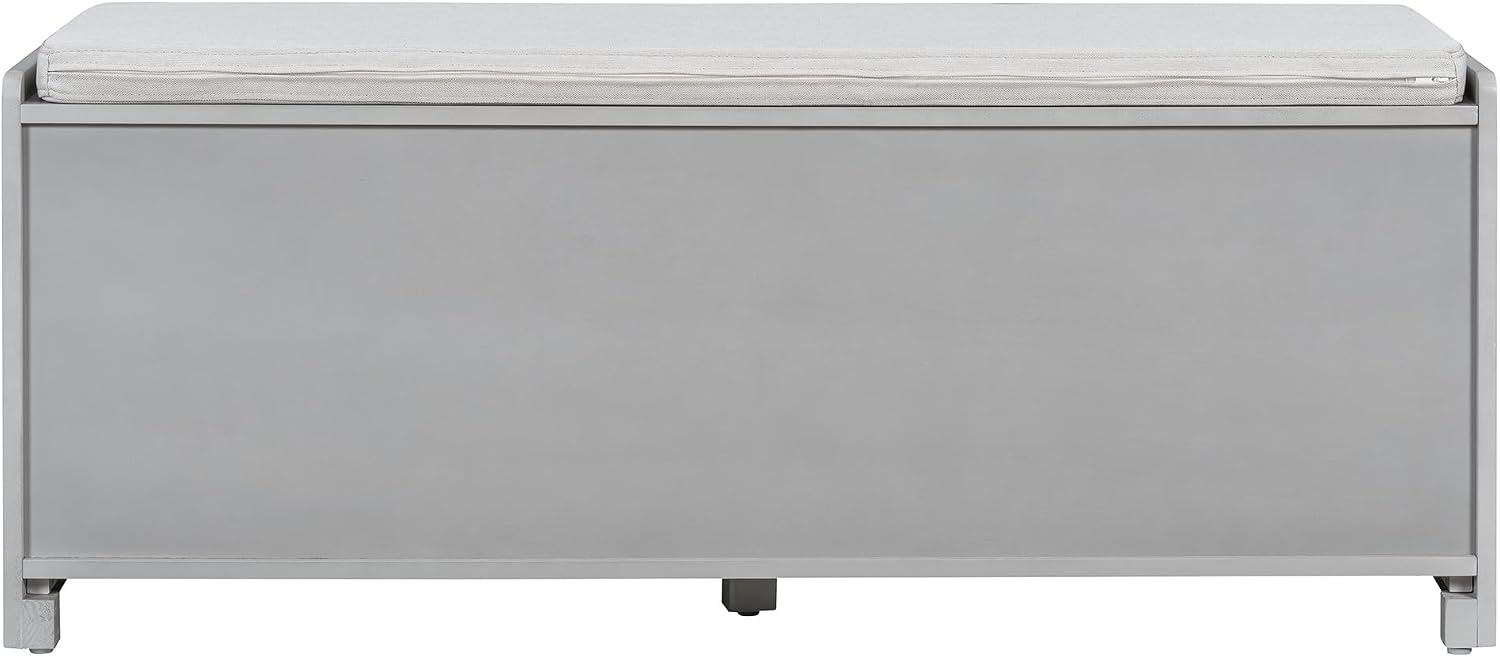 Storage Bench with Cushion, Rattan Door Shoe Cabinet, Gray | 4 Rattan Doors, Upholstered Seat, Entryway Organizer, Built-in Shelves, Boho Style