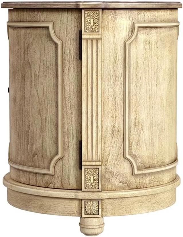 Beaumont Lane 20" W Drum Side Table, Poplar Hardwood and Cherry Veneer, Beige Finish, Traditional Style with Storage Shelf, Decorative Floral Applique, Ideal for Living Room, Office or Bedroom Use