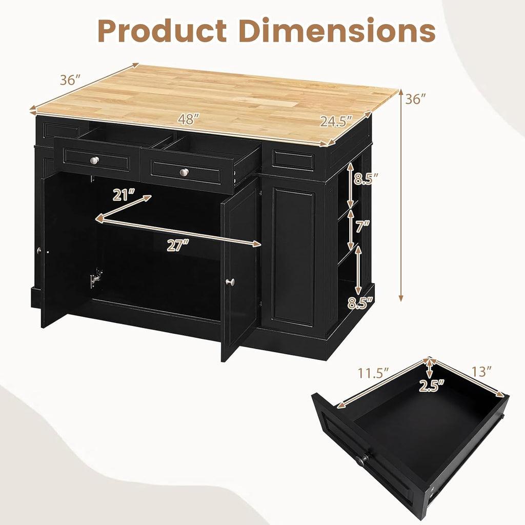 LOKO 48" Stationary Kitchen Island with Drop Leaf, Rubber Wood Top Butcher Block Island Table with 2 Drawers, Cabinet & Adjustable Shelf, Multipurpose Kitchen Cart for Dining Room, Living Room & Bar