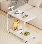 YCKEGEW 2-Tier Storage Trolley Mobile Side Tables with Wheels for Couch Living Room,White C-Shaped End Table for Small Space,360°Swivel TV Tray Table(Armless)