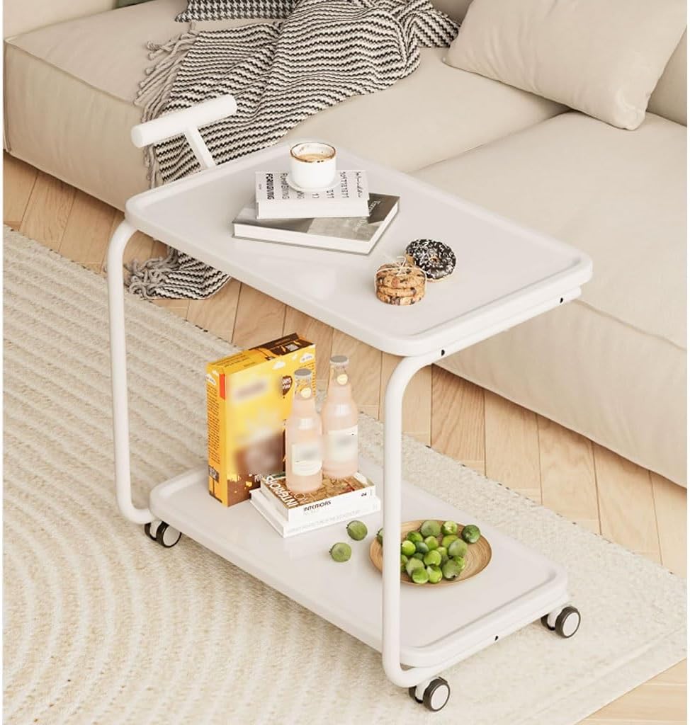 YCKEGEW 2-Tier Storage Trolley Mobile Side Tables with Wheels for Couch Living Room,White C-Shaped End Table for Small Space,360°Swivel TV Tray Table(Armless)
