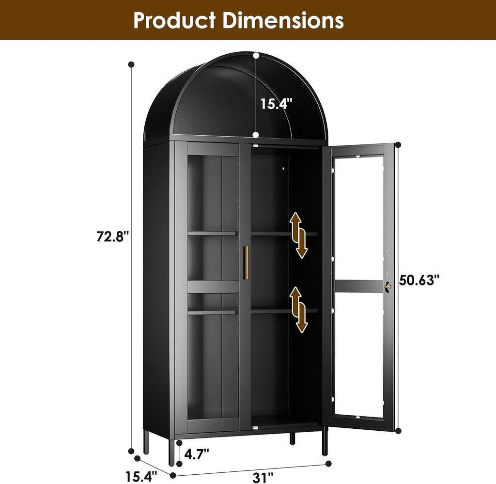 72.8" Tall Display Cabinet with Glass Doors, Metal Arched Cabinet with 2 Adjustable Shelves & Lock, Freestanding Curio Storage Cabinet for Home, Assembly Required, Black