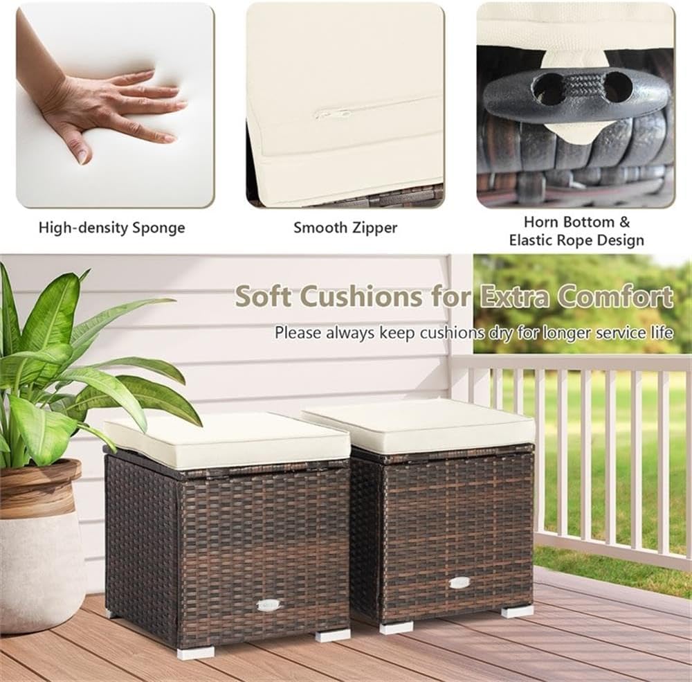 Pemberly Row 2PCS Patio Rattan Ottoman Seat with Storage, Off White, Durable Outdoor Furniture, Multipurpose Design for Patio Seating and Storage Solutions