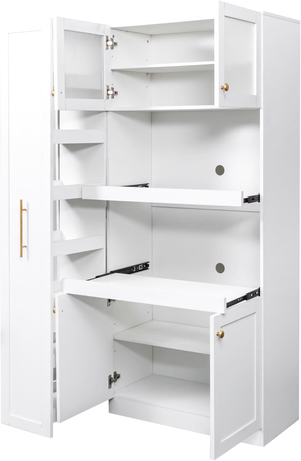 ZeHuoGe Kitchen Pantry Cabinet with Multi-Functional Pull-Out Multi-Tier Storage Shelf, Storage Cabinet with 4 Doors,Pantry Organizers for Kitchen,Dining Room (White)
