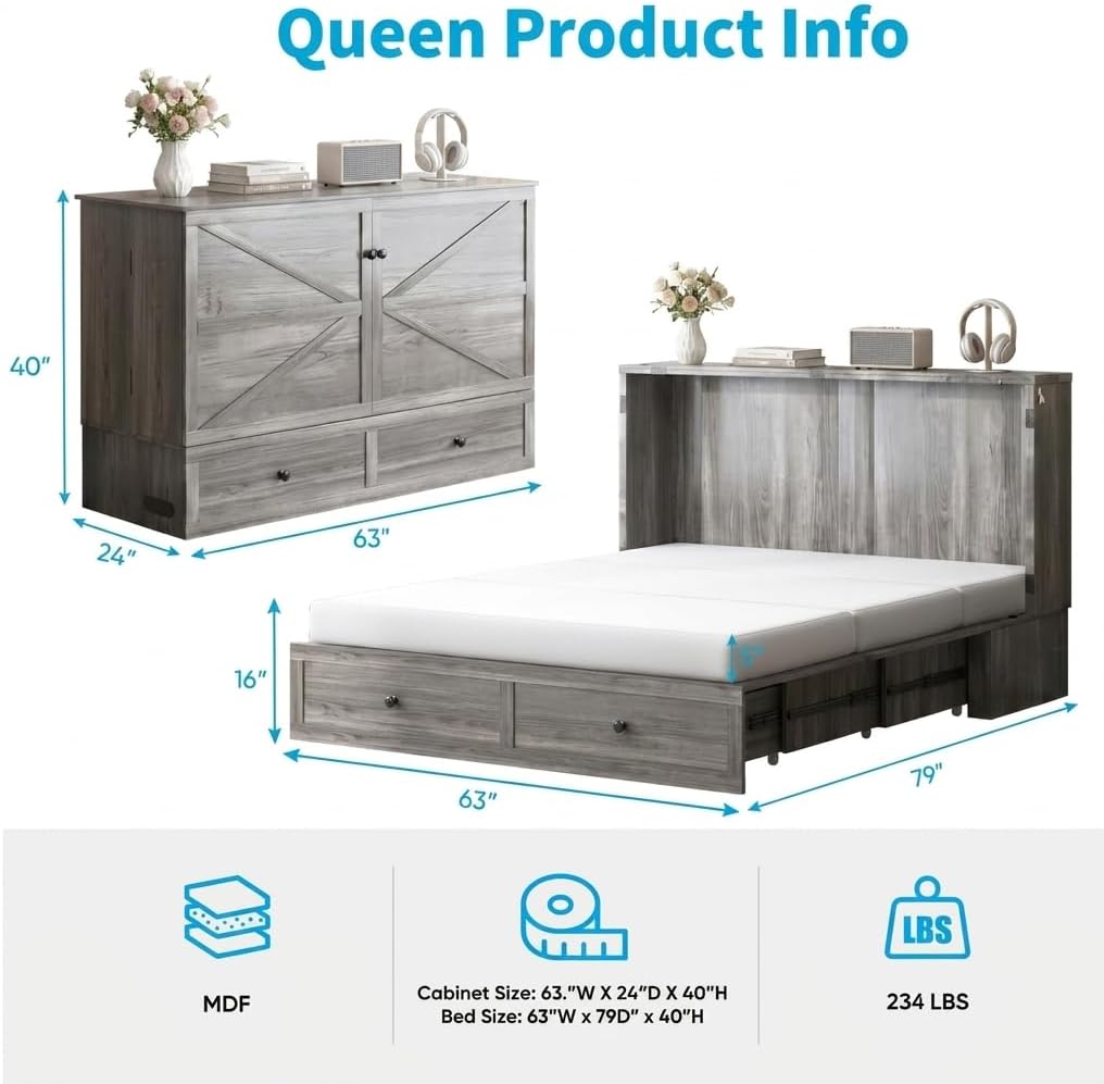 Mjkone Queen Size Murphy Bed with Tri-Folding Mattress, Farmhouse Murphy Cabinet with USB Charging Station, Modern Cabinet Beds with Large Storage Drawers for Living Room Home Office, Gray