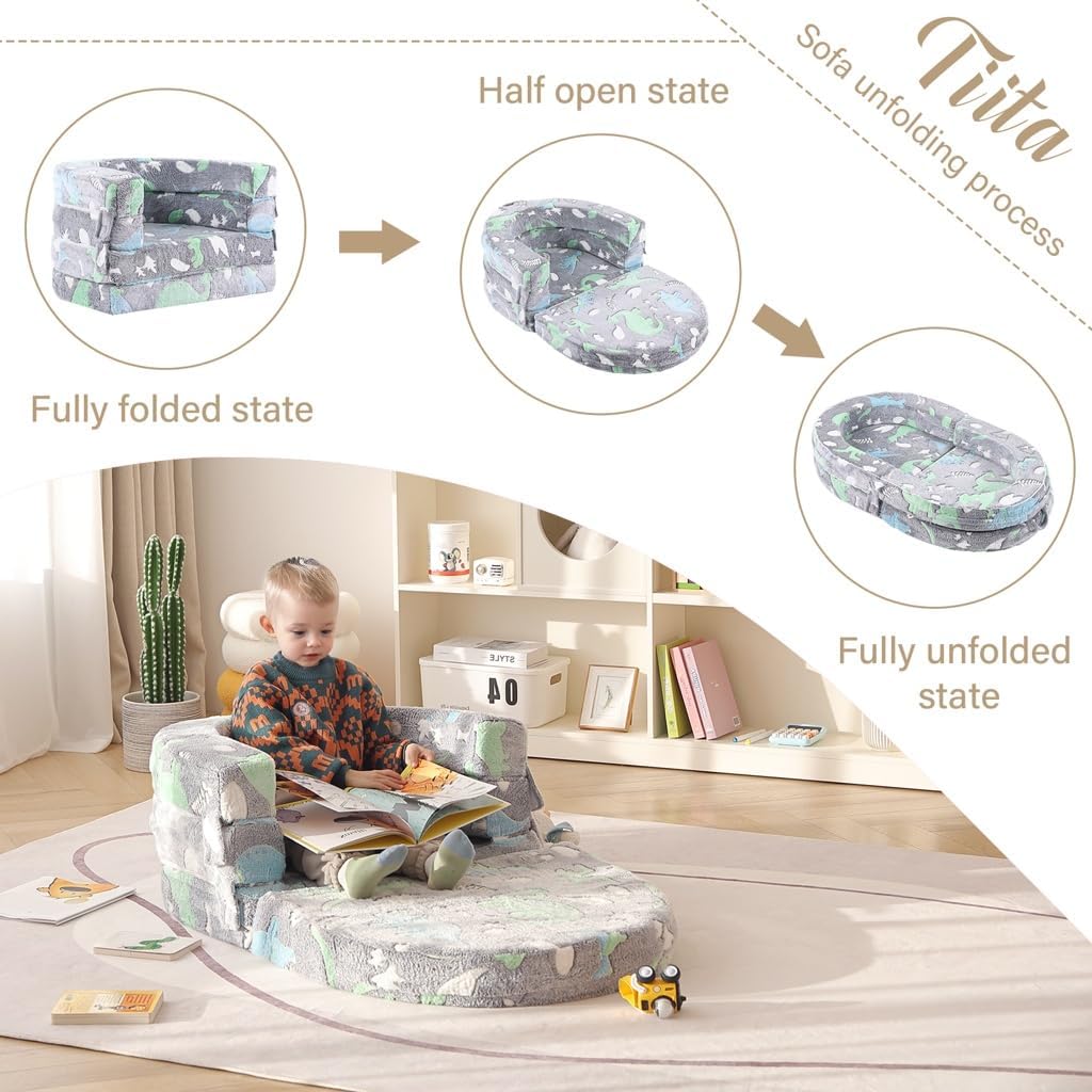 Tiita 3-in-1 Kids Sofa Bed, Comfy Couch Plush Toddler Chair Bed, Convertible Toddler Travel Beds, Folding Kids Couch with Washable Cover Carrying Handle for Girls and Boys