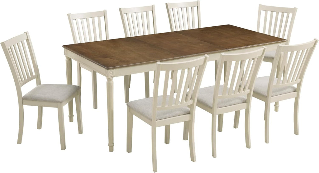 AMERLIFE 9-Piece Farmhouse Dining Table Set for 8, 79" Rectangular Kitchen Table with 8 Upholstered Chairs, Solid Rubberwood Frame, Roman Conical Legs, Rustic Cream