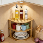 AKAZA 3-Tier Corner Shelf Counter and Cabinet Organizer - Steel Metal Wire - Rust Resistant (Bamboo)
