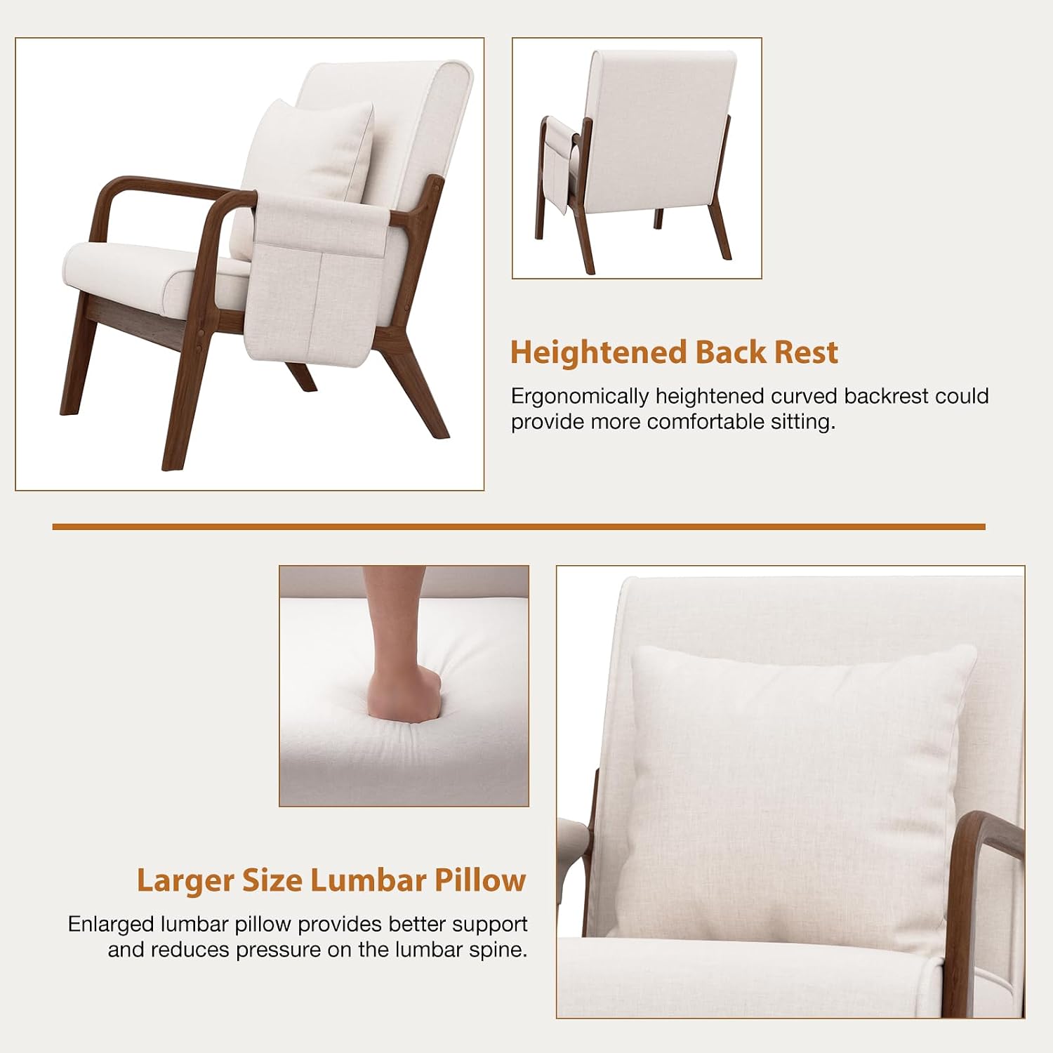 HOMMPA Mid-Century Modern Accent Chair Set of 2, Comfy Reading Armchair with Solid Wood Frame & Lumbar Pillow, Upholstered Linen Lounge Chair with Side Pocket for Living Room, Bedroom,Balcony(Beige)