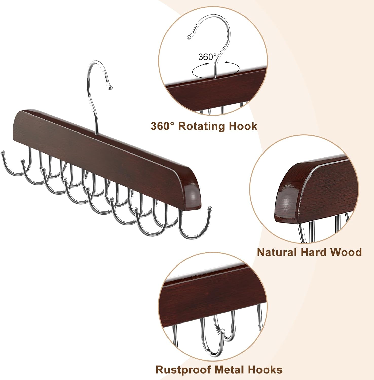Belt Hanger for Closet, Sturdy Wood Belt Rack Closet Accessories with 14 Hooks Belt Organizer for Closet Organizers and Storage Max 42 Belts-Mahogany 2 Pack