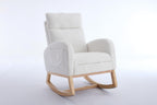 Modern Teddy Fabric Rocking Chair with Footstool, Nursery Rocker with Storage Pocket, High Back Wooden Base, 35-49 inch Length (Ivory, B)