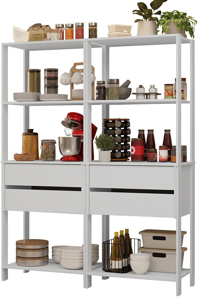 Madesa Kitchen Pantry Storage Rack with 4 Drawers and 6 Open Shelves 55" L Multiuse Modular Cabinet for Kitchen Organization - White