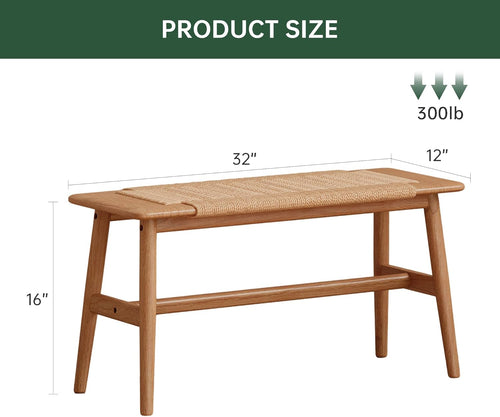 100% Solid Oak Wood Bench,Hand Woven Design,Solid Mortise and Tenon Construction-Solid Structure of Chair Legs,Woven Rattan Entryway Benchs/Dining Bench (Natural Oak,31.49”*11.81”*15.98”)
