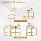 CASART Set of 2 Nesting Tables, Faux Marble Stacking Sofa Side Tables 2PCS Round Coffee Table, Wooden Top & Steel Frame, Space Saving Accent Tea Tables for Living Room Bedroom Office (Marble+Golden)