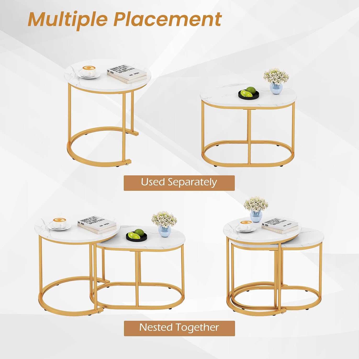 CASART Set of 2 Nesting Tables, Faux Marble Stacking Sofa Side Tables 2PCS Round Coffee Table, Wooden Top & Steel Frame, Space Saving Accent Tea Tables for Living Room Bedroom Office (Marble+Golden)