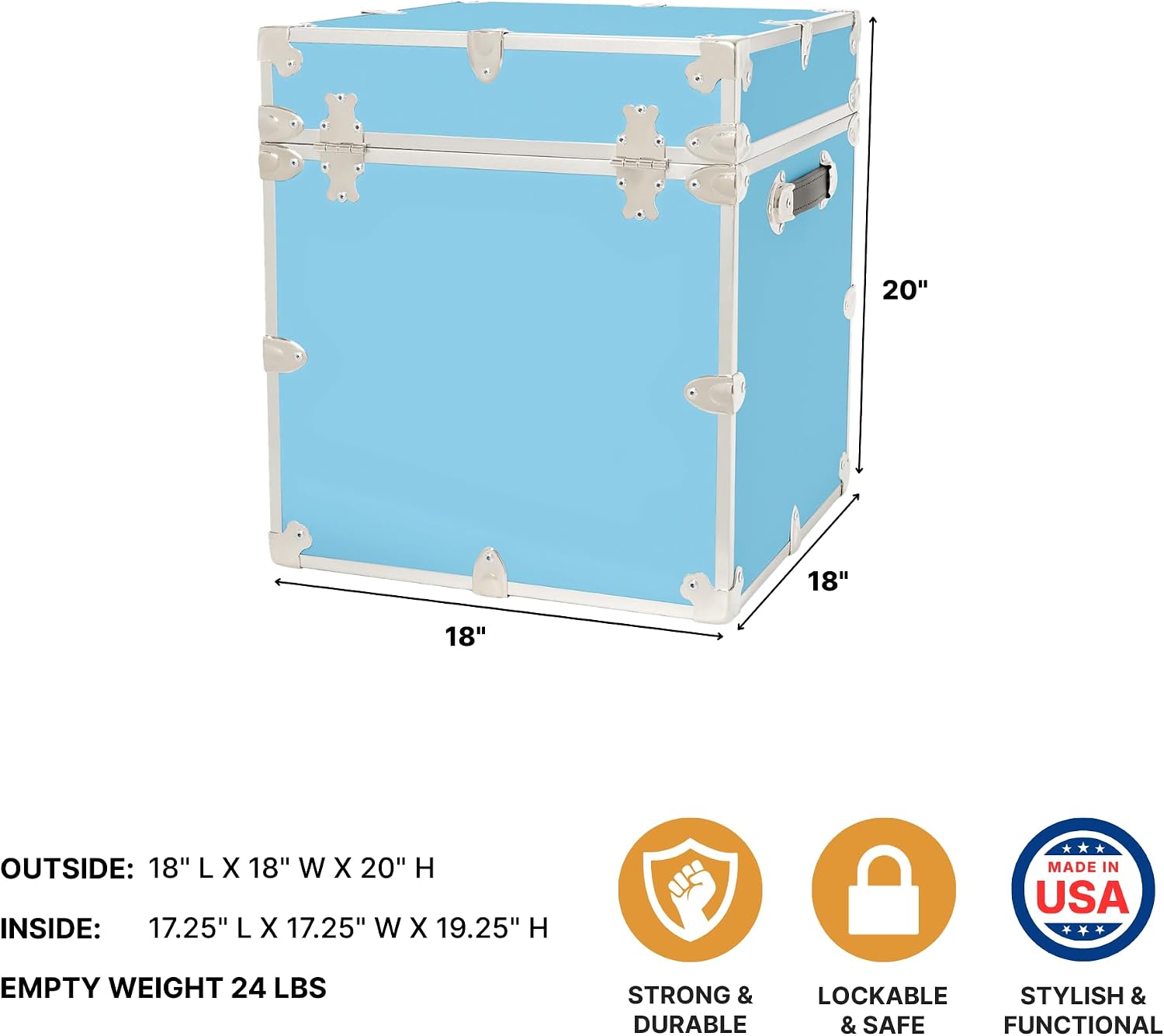 Rhino Trunk & Case Classic Cube Trunk - Home Storage Box, College Footlocker and Seating - 18"x18"x20", 1500+ lbs Capacity, Many Colors, Soft-Close Lid. USA Made Secure Dorm Furniture & Organization