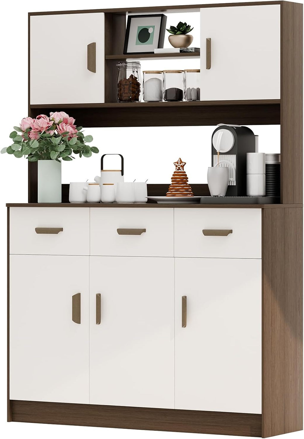 Talent Star Pantry Cabinets for Kitchen Storage, Freestanding Hutch Cabinet with Buffet Cupboard, Utility Pantry with Microwave Stand, Household Wall Tall Sideboard with 3 Drawers Grey
