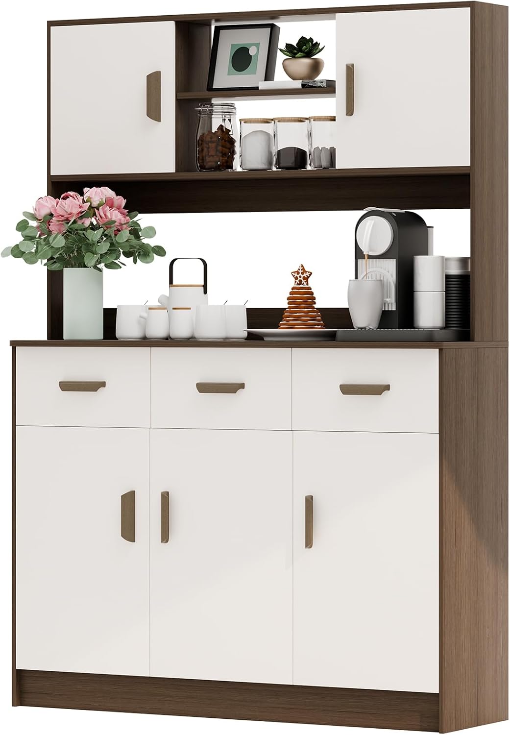Talent Star Pantry Cabinets for Kitchen Storage, Freestanding Hutch Cabinet with Buffet Cupboard, Utility Pantry with Microwave Stand, Household Wall Tall Sideboard with 3 Drawers Grey