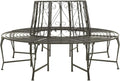 63 Inch Round Tree Bench, Steel Garden Bench with Backrest and Scroll Design, Weathered Silver Grey Outdoor Seating for Patio, Yard and Park