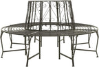 63 Inch Round Tree Bench, Steel Garden Bench with Backrest and Scroll Design, Weathered Silver Grey Outdoor Seating for Patio, Yard and Park